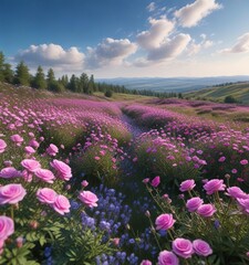 Fototapeta premium A field of tall purple wildflowers and pink roses swaying in the breeze under a vast blue open sky, botanical, landscape, garden flowers