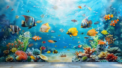 A 3D painting of an underwater scene with colorful fish, with a mockup at the center of the wall. full ultra hd, high resolution