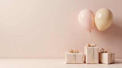 Elegant Pastel Presents and Balloons on a Neutral Background