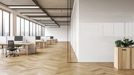 Light and airy open space office interior featuring a row of computer desks, a large blank wall perfect for mockups, and a stylish wooden floor, creating a contemporary and productive workspace
