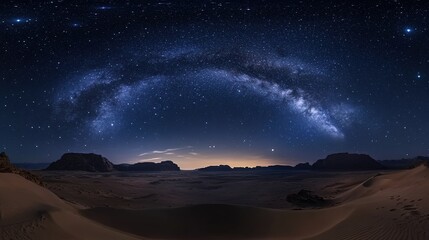  Stunning night sky with the Milky Way, desert landscape, and stars.