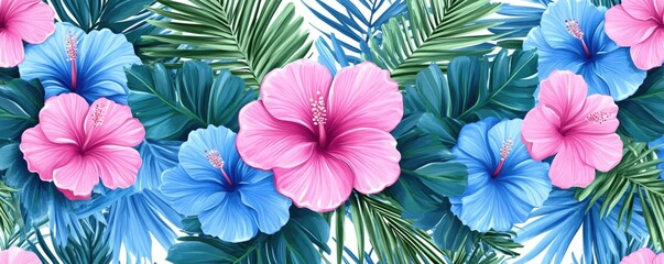 Vibrant hibiscus flowers surrounded by tropical leaves