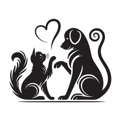 Dog and Cat silhouette, Vector Illustration, Dog and cat making heart with tail