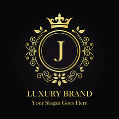 Opulent Luxury J Logo with Gold Monogram Crown and Symmetrical Floral Pattern on Black Background  
