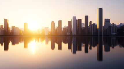 Fototapeta premium Breathtaking City Skyline at Sunset with Warm Hues Illuminating the Buildings and Reflecting on the Water Creating a Peaceful Urban Atmosphere