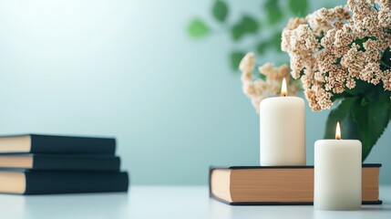 Charming Still Life Arrangement Featuring a Colorful Vase of Flowers and Elegant Candles on a Rustic Table Evoking Warmth and Tranquility in Decor