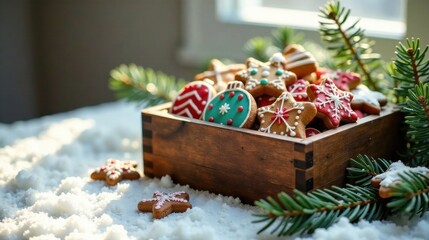 A Wooden Box Filled with Festive Decorated Gingerbread Cookies on Snowy Surface