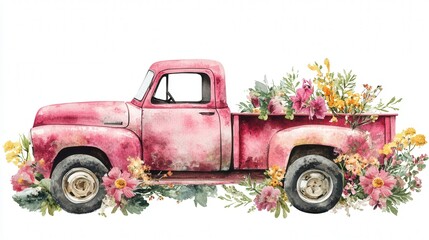 retro vibe pink truck with lush greenery and floral arrangement