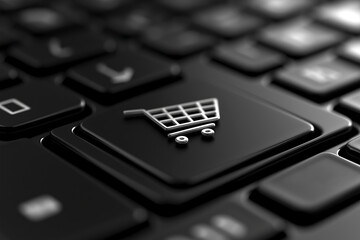 Modern shopping cart icon on keyboard symbolizes e-commerce and digital retail, online shopping and e-commerce concept. A shopping cart icon on a laptop keyboard, representing ease of online commerce