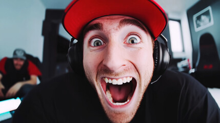 Excited YouTuber with headphones expressing joy and enthusiasm in a gaming setup