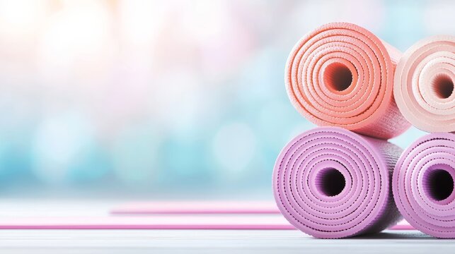 Fitness class schedule layout, neatly arranged yoga mats and dumbbells, vibrant, clean aesthetic