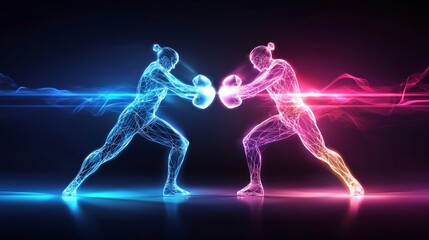 Fototapeta premium Fitness gym kickboxing, athletic figures, kick and punch action, clean and modern advertising layout, vibrant colors