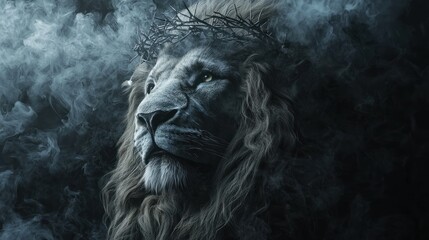 Obraz premium Majestic Lion with Crown of Thorns in Smoke