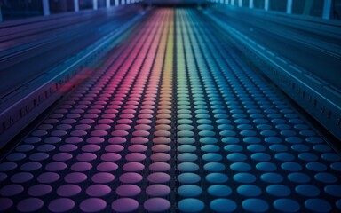 Obraz premium production line in an industrial facility, Colorful pills on a conveyor belt in a factory.