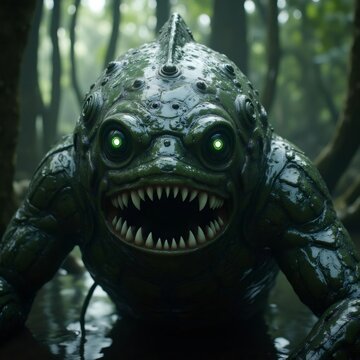 Una criatura anfibia con ojos verdes brillantes y dientes afilados emerge del agua en un bosque oscuro y h&uacute;medo, mostrando una apariencia amenazante y misteriosa
