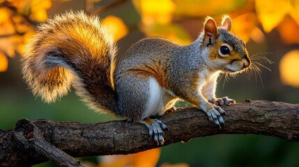 Obraz premium Squirrel autumn branch park sunset wildlife.