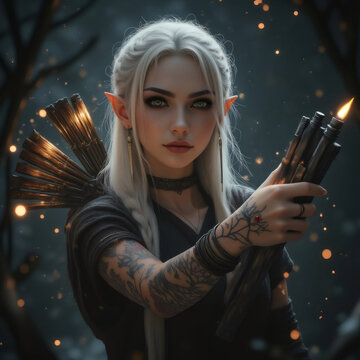 Una guerrera elfa con cabello blanco y tatuajes detallados sostiene flechas encendidas en un entorno de bosque m&aacute;gico creando una atm&oacute;sfera de fantas&iacute;a &eacute;pica
