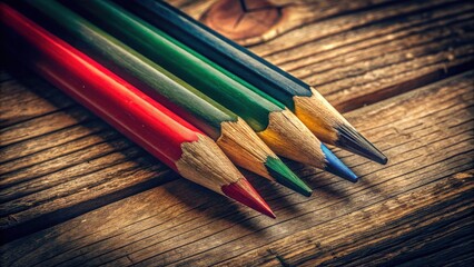 Three pencils, vintage still life; retro photography's aged effect captures classic art.