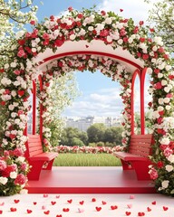 Obraz premium Wedding arch, floral archway, red and white roses, romantic garden setting, red carpet, spring blossoms, ornate wedding decor, outdoor ceremony, elegant floral design, blooming trees, scenic backdrop