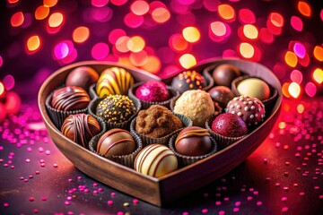 Obraz premium Valentine's Day: A stunning landscape photo showcases pink neon heart box filled with luscious chocolate truffles.