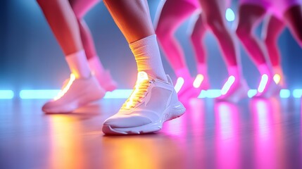 High-energy Zumba class, close-up of dancers moving to music, ad layout space for class info, joyful and inspiring with vibrant colors