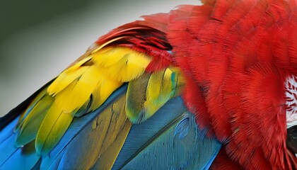 Obraz premium close up of detailed parrot feathers in shades of red blue and yellow isolated background replaced with gradient
