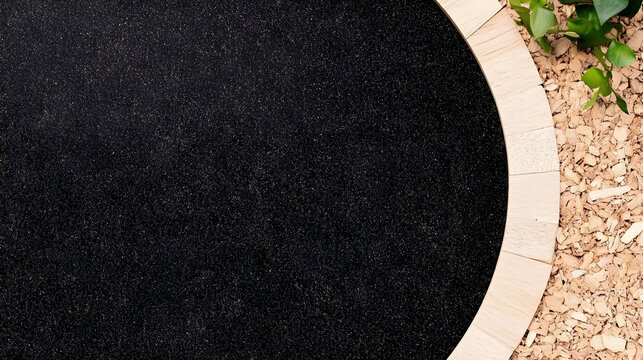 Dark soil in circular wooden planter, mulch background, gardening preparation.  Use website header, blog post, gardening guide.