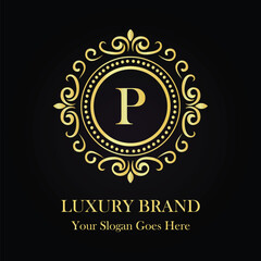 Golden Ornate Monogram P Logo Design for Luxury Branding with Elegant Decorative Details  
