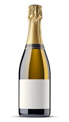 Sparkling wine bottle with blank label, isolated on white background.  Gold foil highlights the elegant design. Perfect for mockups.