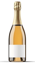 A single bottle of sparkling wine with a gold foil top and a blank white label, isolated on a white background.