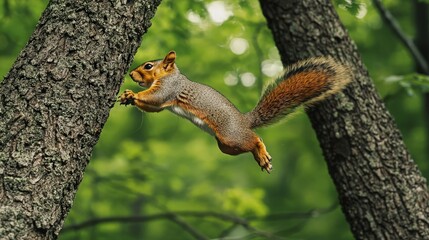 Fototapeta premium Squirrel leaping between trees in forest. Nature wildlife scene.