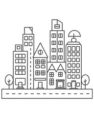 City building with skyscrapers coloring page for kids, Construction coloring book