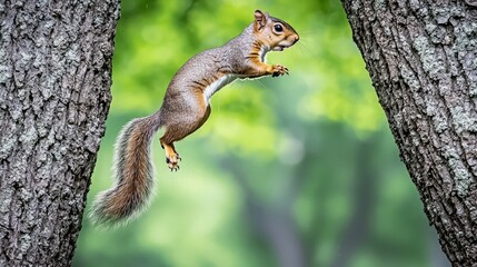 Squirrel leaping between trees, park, nature.