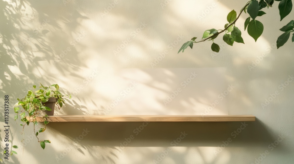 Poster Empty wooden shelf with potted plant casting shadows on a beige wall, creating a minimalist and natural background for product placement or design mockups