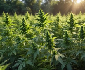 Naklejka premium Bunch of fresh marijuana cannabis plants in a field , agricultural landscape, greenery
