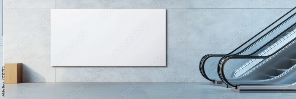 Poster large blank banner mockup hanging on a concrete wall in a modern building interior with escalators, 
