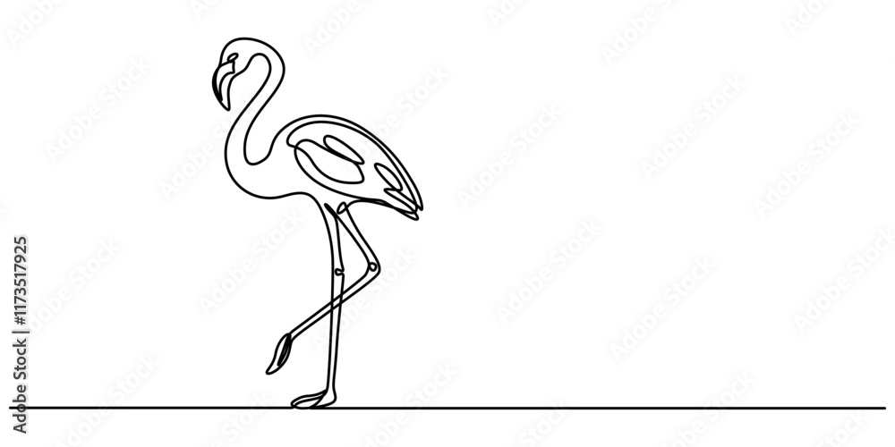 Poster continuous single line art of flamingo drawing ear and outline vector illustration, flamingo bird in
