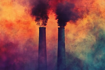 Smoke billowing from industrial chimneys against a colorful sky at sunset