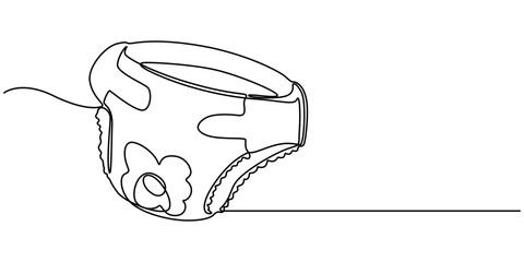 One Continuous Line Drawing of Diaper Icon. Single Line Vector Illustration, continuous line drawing. Line art, drawing baby diapers. Vector illustration on white background, Newborn line art. Baby 
