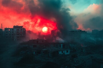 Burning horizon over a devastated cityscape during sunset