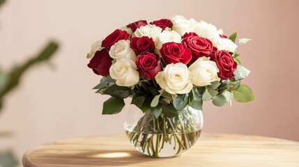 Obraz premium Elegant bouquet of red and white roses in clear glass vase on wooden table