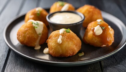 delectable golden brown hush puppies drizzled with creamy sauce on a dark plate close up view showcases the crispy exterior and tempting texture of these southern delights