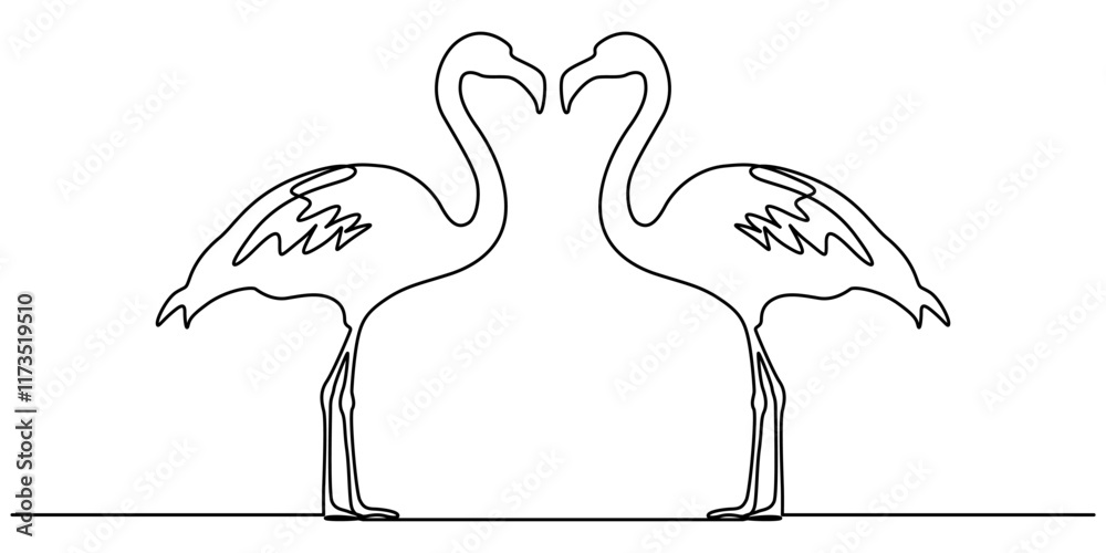 Poster continuous single line art of flamingo drawing ear and outline vector illustration, flamingo bird in