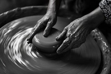 A master creating pottery on a pottery wheel during a creative session at night in a cozy studio