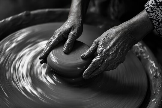 A master creating pottery on a pottery wheel during a creative session at night in a cozy studio