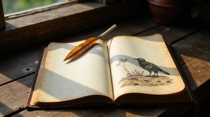 Open antique journal with quill pen and bird illustration rests on wooden surface bathed in sunlight