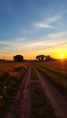 Fototapeta premium Scenic a field with trees and dirt way on sunset view. image, professional photography, with white tones
