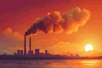 Obraz premium Sunset over industrial landscape with smoke rising from chimneys by the river