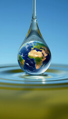 planet earth inside a drop of water. concept of ecology. save the world, vibrant, with white tones