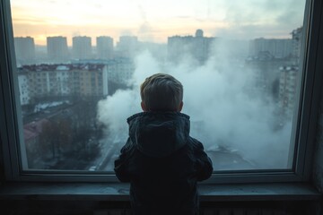 Child gazes out window at urban landscape shrouded in morning mist during the early hours of the day